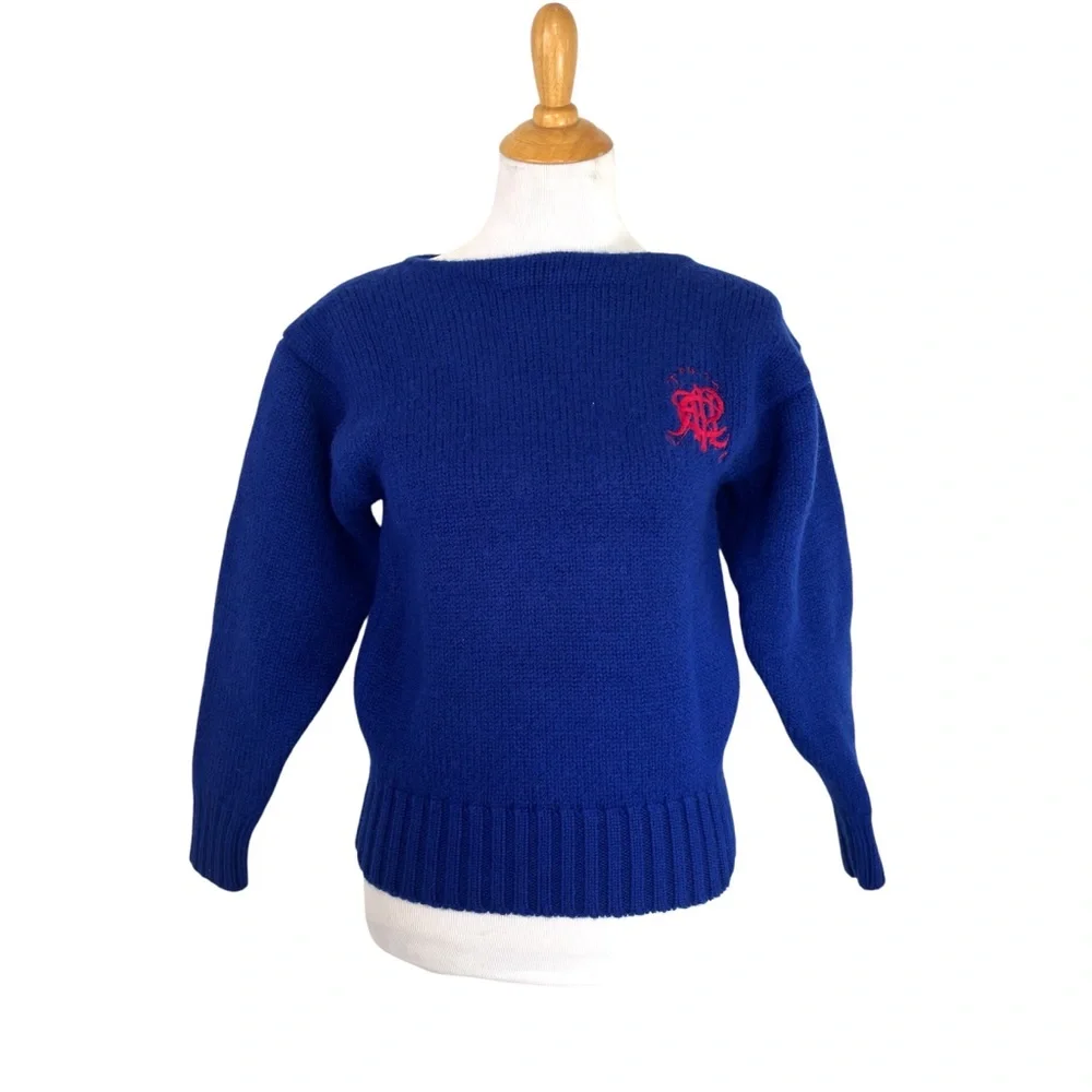 Vintage Ralph Lauren 100% Wool Knit Navy Blue Pullover Sweater Logo Crest - Picture 2 of 7